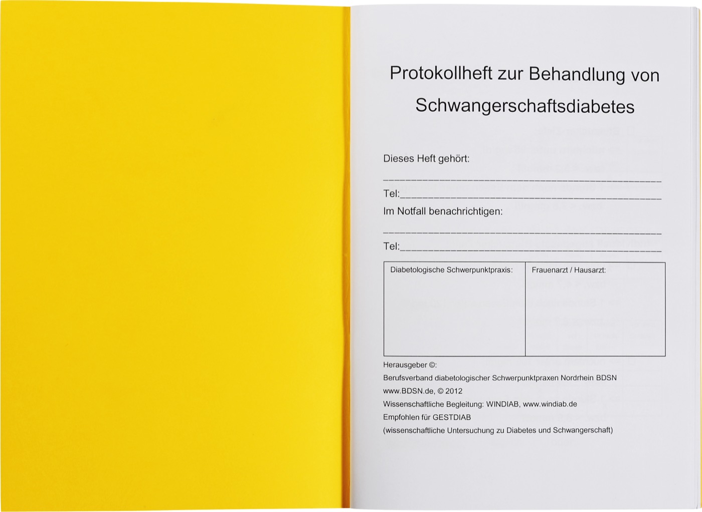 Das gelbe Heft aufgeschlagen: Deckblatt mit Feldern für Name, Notfallkontakt, diabetologische Schwerpunktpraxis und Frauenarzt
