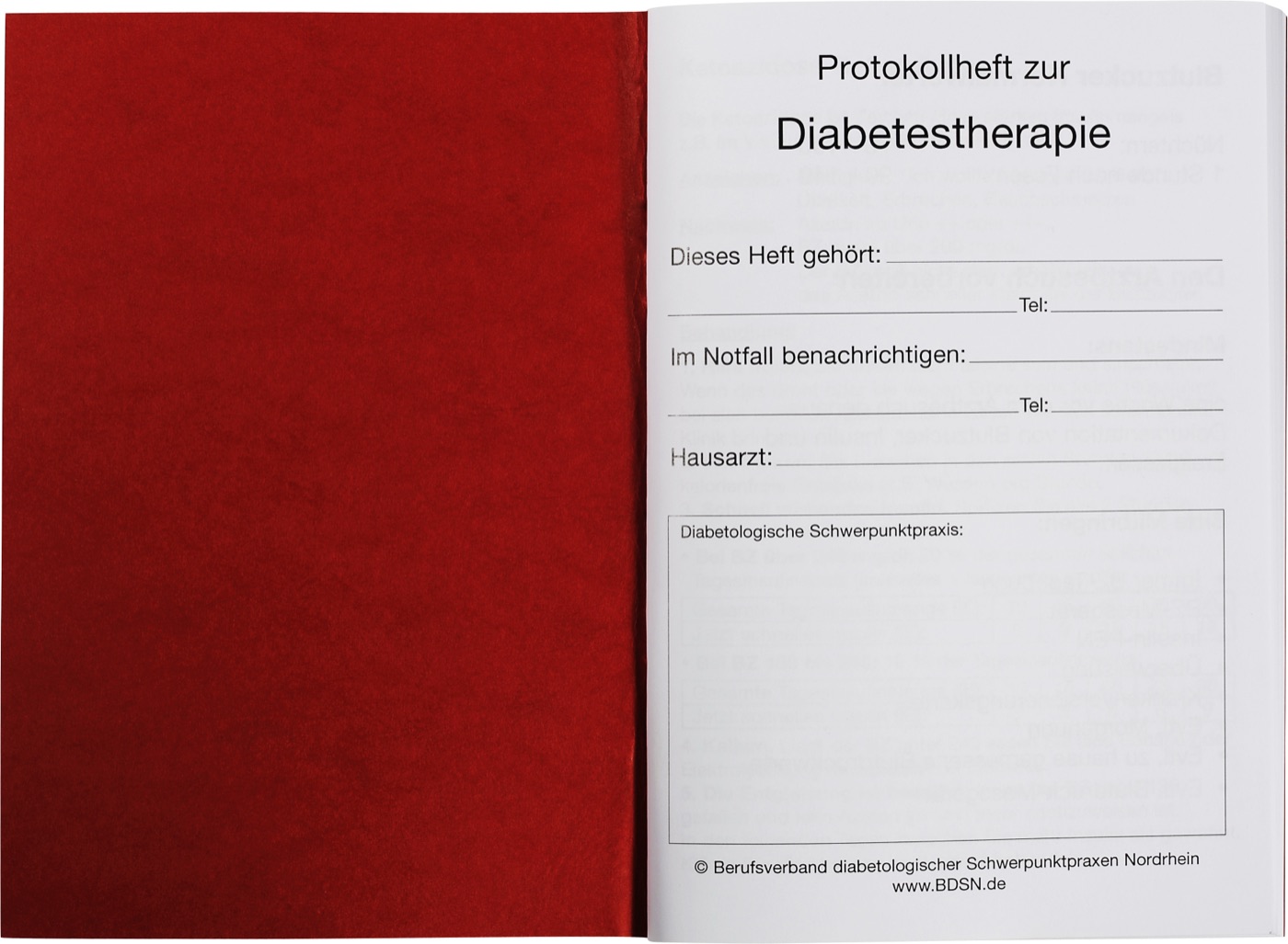 Das rote Heft aufgeschlagen, daneben das Deckblatt